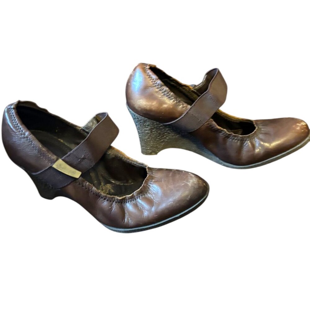 Nine West Y2K Vintage Brown Leather Maryjane Wedge Heels Round Toe Women's sz 6M